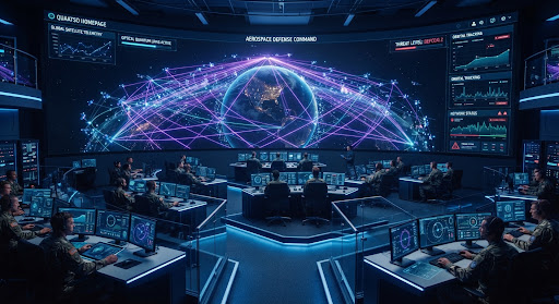 Secure operations centre with glowing screens.