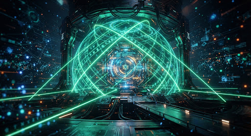 Abstract secure vault with green laser fields.