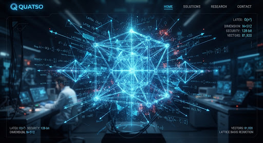 Glowing blue lattice structure representing lattice-based cryptography.